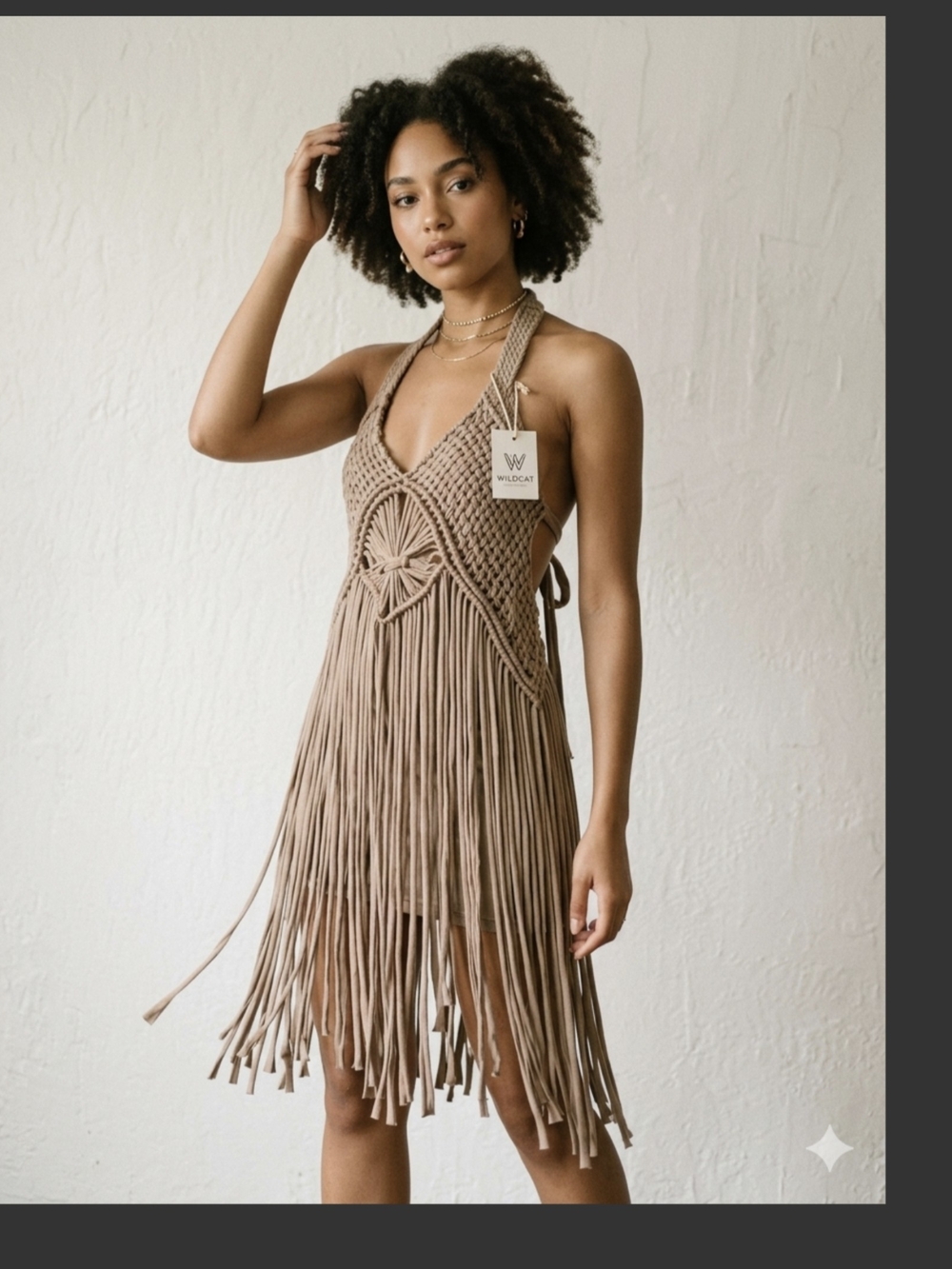 Wildcat Taupe Crochet Fringe Halter Mini Dress